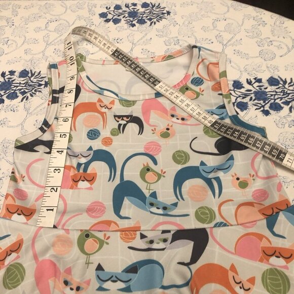 Retro Girls Cat Print Dress Size L 10 Girls Sleeveless Fit & Flare 1960s Print - Picture 9 of 9